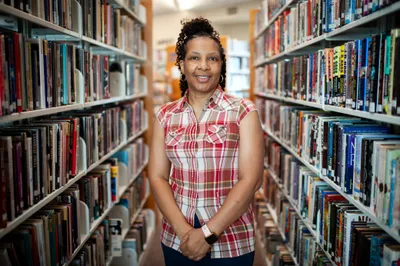 Librarian Theresa Tyree stands for a portrait in the Prescott/Nevada County Library in Prescott, Ark. on Sept. 6, 2023. Photo by Rory Doyle.